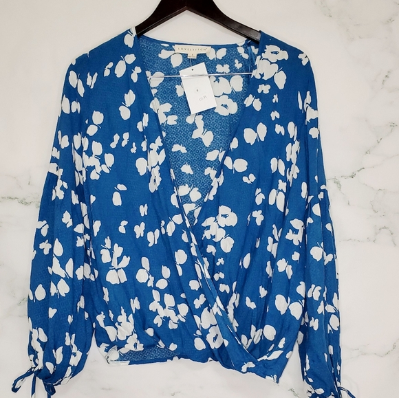 lovestitch Tops - Lovestitch Blue Floral Surplice Wrap Blouse